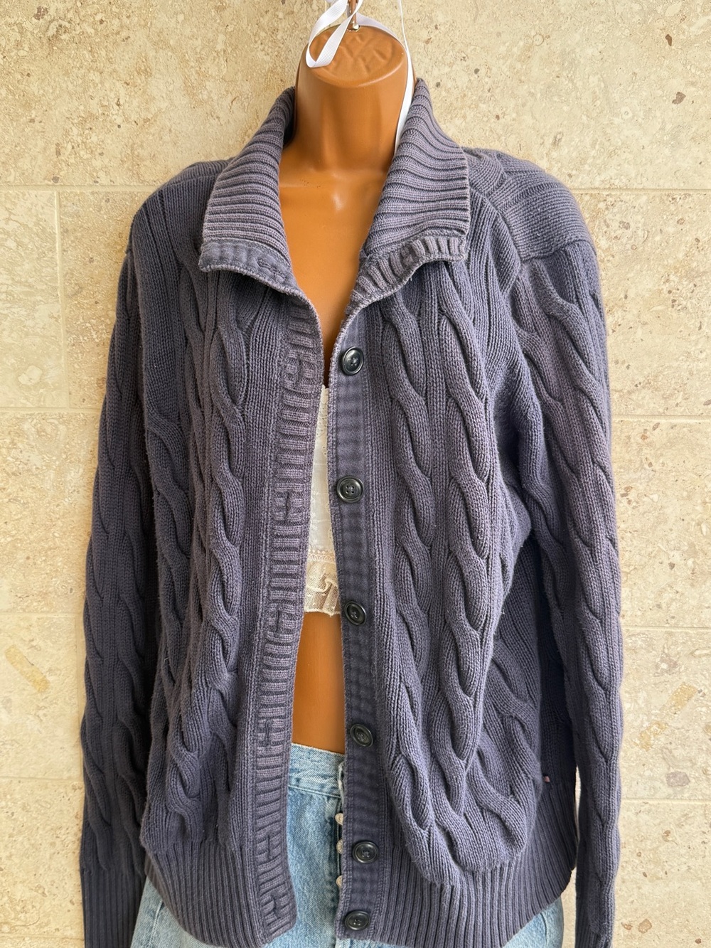 Vintage Women's Navy Cable Knit Button-Front Cardigan